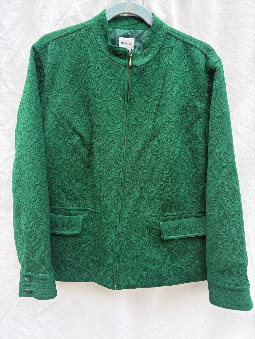 Chico's Emerald Green Embossed Zip Jacket
